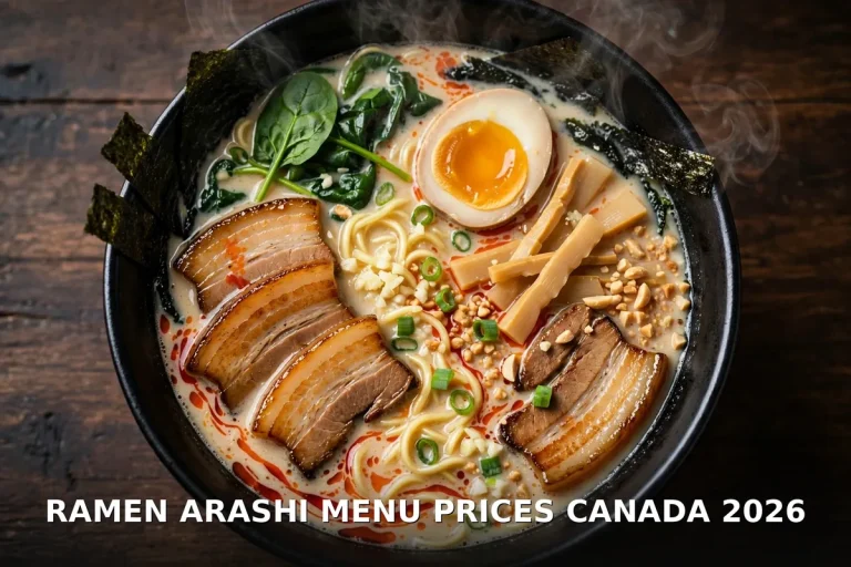 Ramen Arashi menu prices Canada 2026: signature tonkotsu ramen bowl with pork belly, soft egg, seaweed and sesame base