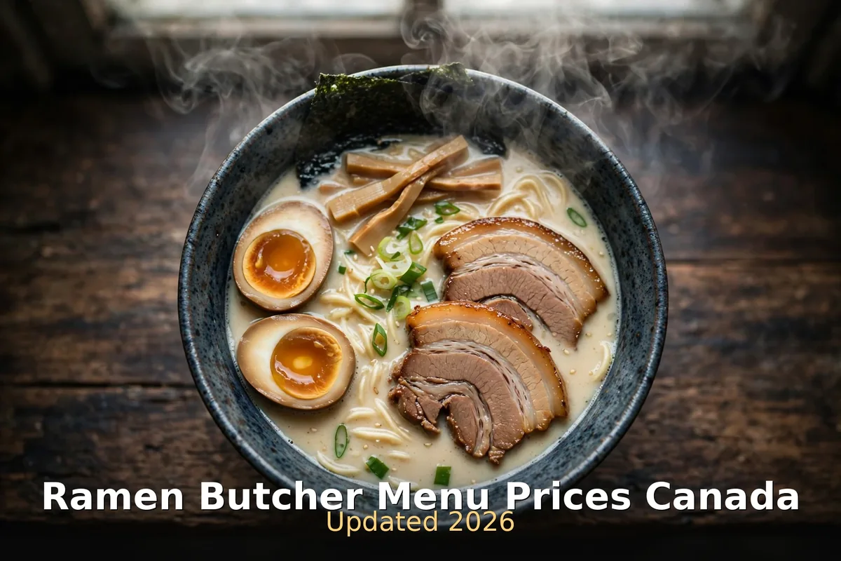 Ramen Butcher Menu Prices Canada 2026, steaming tonkotsu ramen bowl photo with keyword text overlay