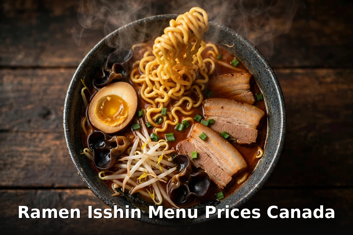 Ramen Isshin menu prices Canada 2026: steaming wok fried red miso ramen bowl with pork belly cha shu