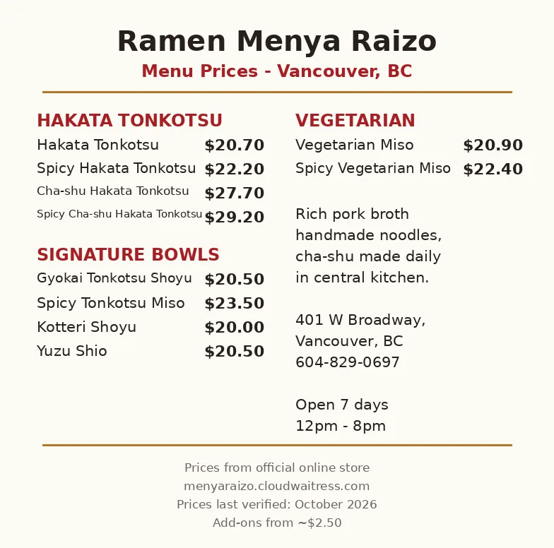 Ramen Menya Raizo official menu card showing ramen bowl prices in CAD, ramen menya raizo menu prices canada