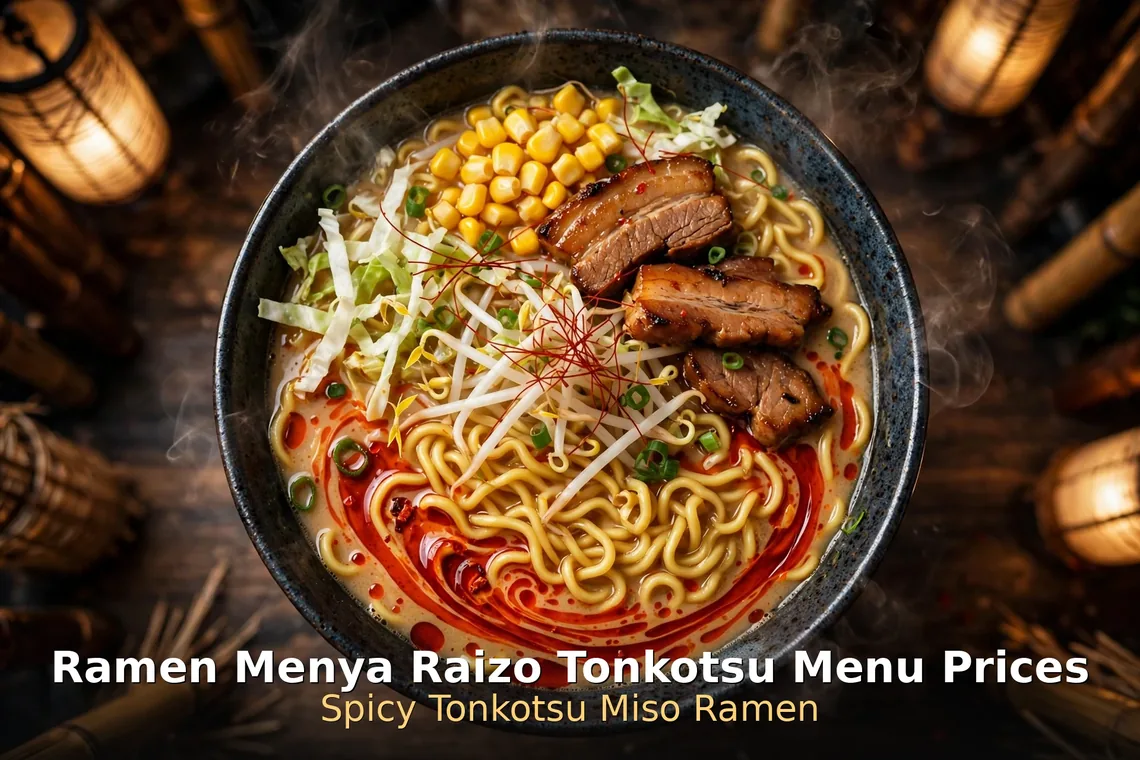 Steaming bowl of spicy tonkotsu miso ramen with cha-shu pork at Ramen Menya Raizo, hakata tonkotsu ramen menya raizo prices