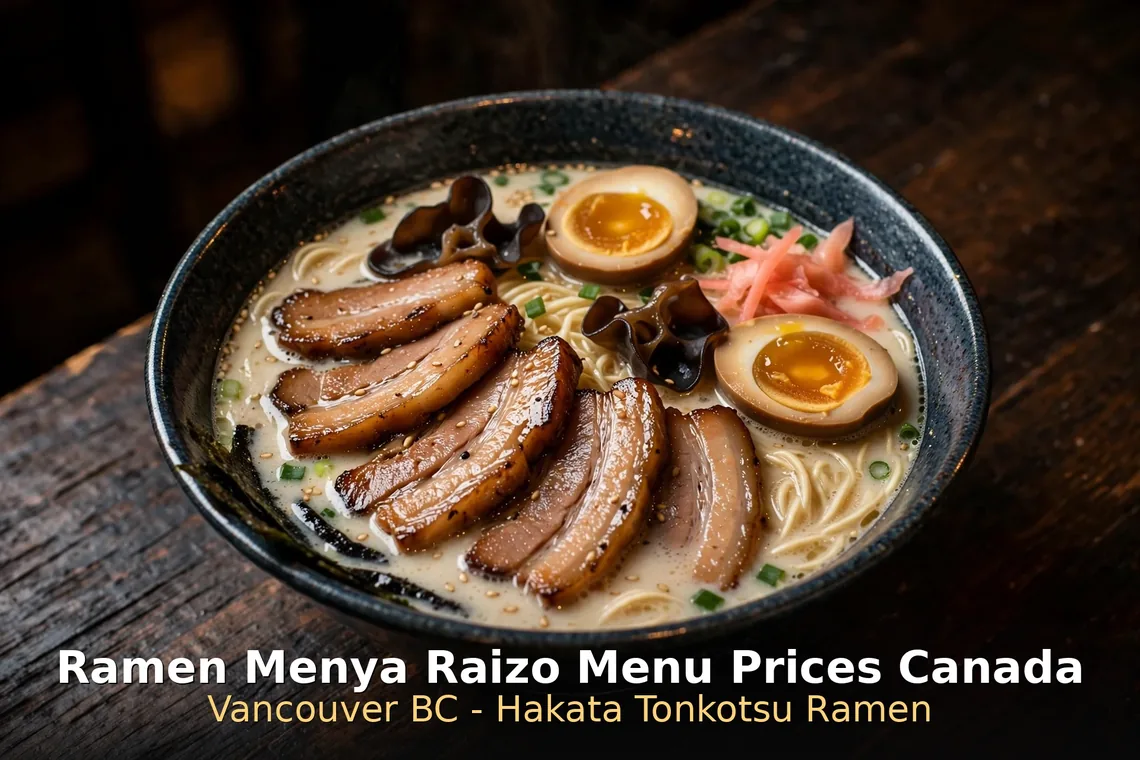 Hakata tonkotsu ramen with pork belly cha-shu and seasoned egg, ramen menya raizo menu prices canada 2026