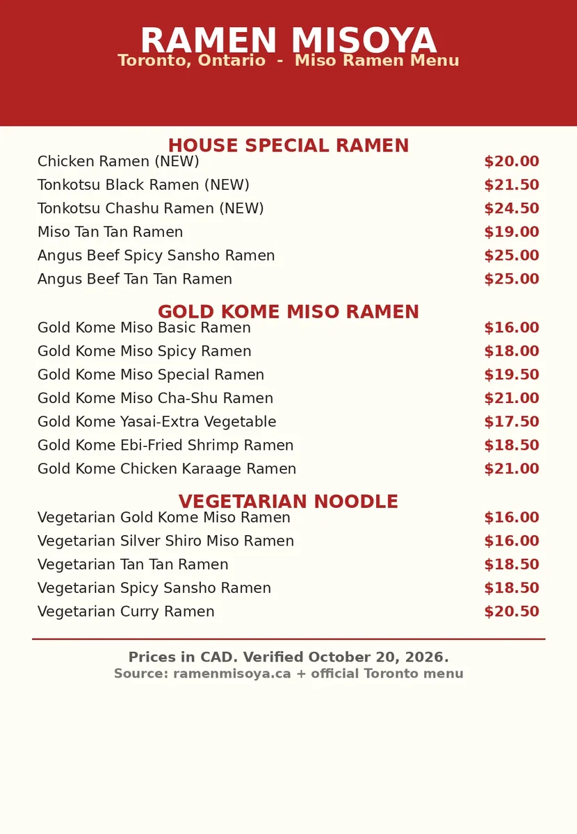 Ramen Misoya menu prices Canada: full current Toronto menu card with CAD prices