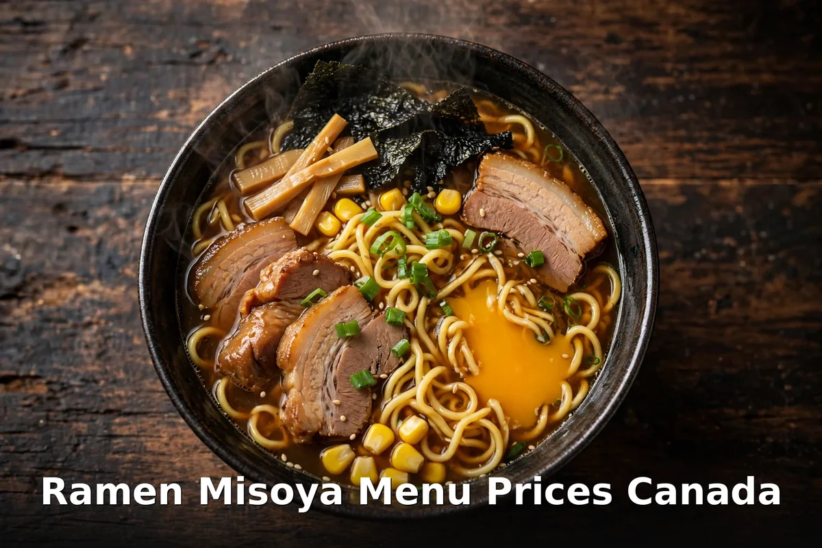Ramen Misoya menu prices Canada 2026: steaming bowl of miso ramen with chashu pork, miso egg and nori