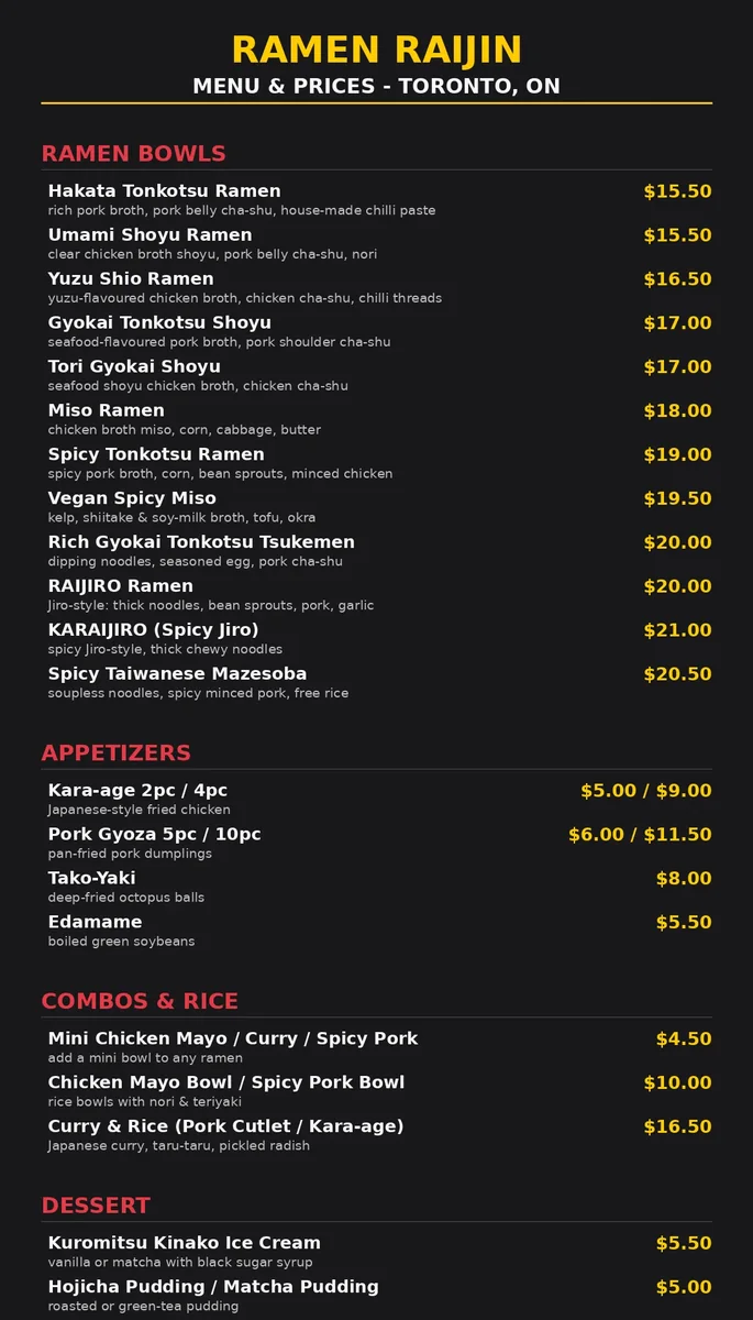 Ramen Raijin official menu card showing ramen bowls, Jiro-style RAIJIRO, appetizers, toppings and frozen ramen prices in CAD, ramen raijin menu prices canada