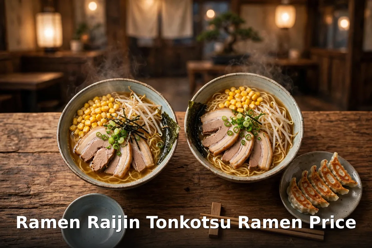 Steaming bowl of Ramen Raijin tonkotsu ramen with pork belly chashu, soft egg and green onions, ramen raijin tonkotsu ramen price