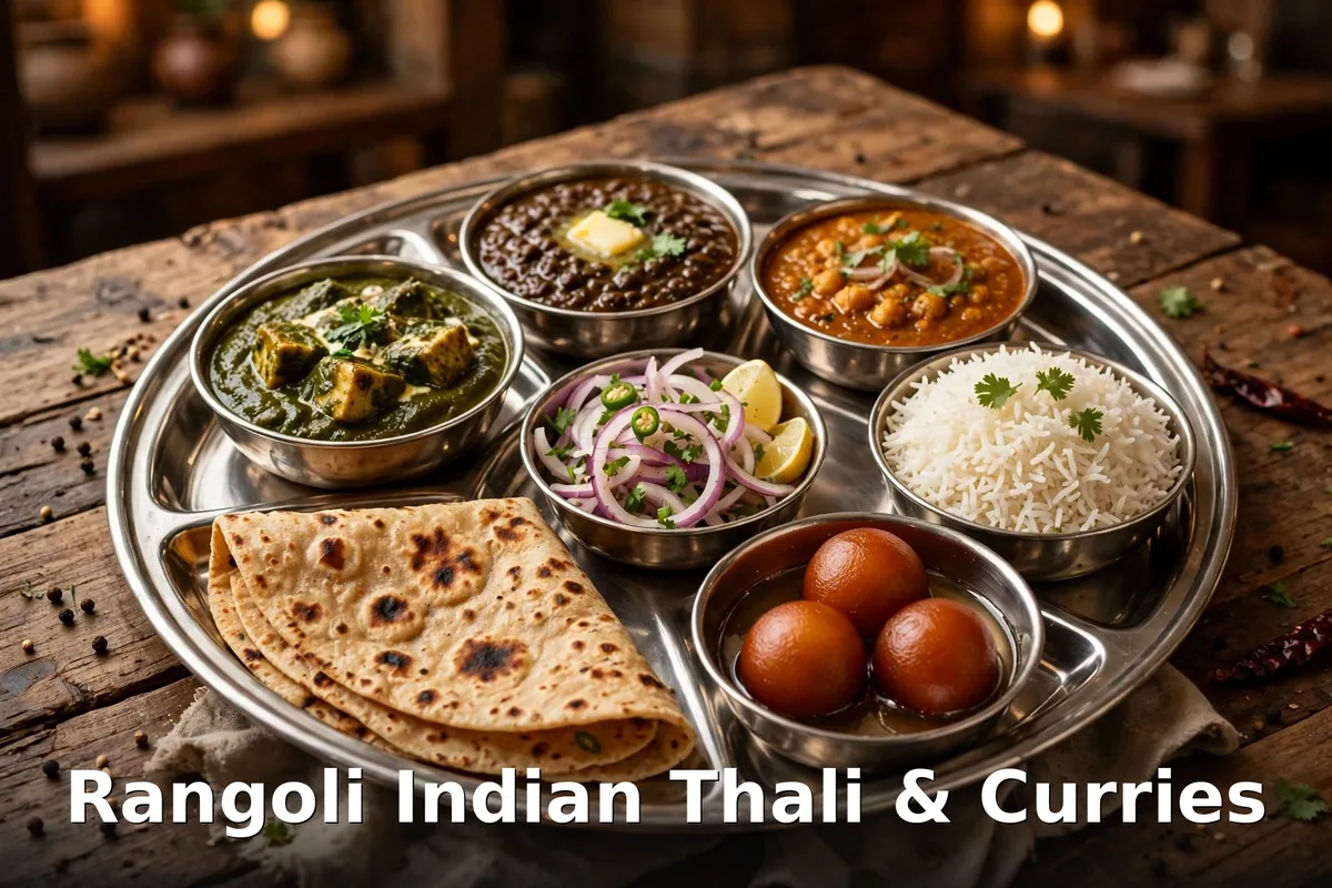 Rangoli Indian thali with curries, naan and rice, Rangoli menu prices Canada