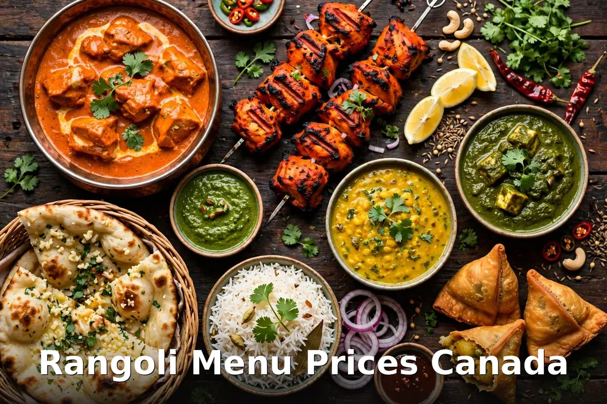 Rangoli Indian dishes: curries, naan and tandoori platter, Rangoli menu prices Canada