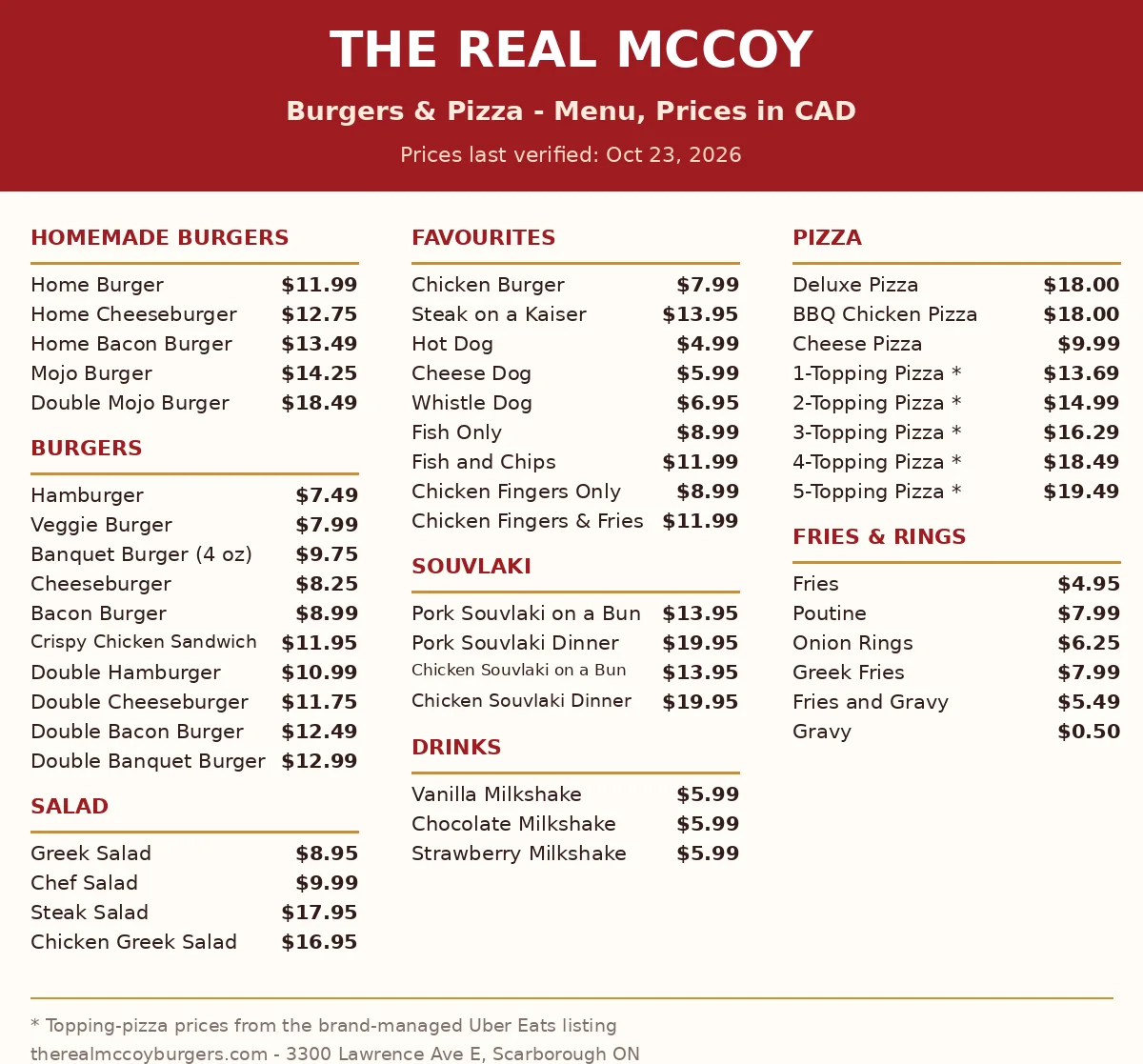 Real McCoy menu card: homemade burgers, souvlaki, pizza and shake prices in CAD, Real McCoy menu prices Canada