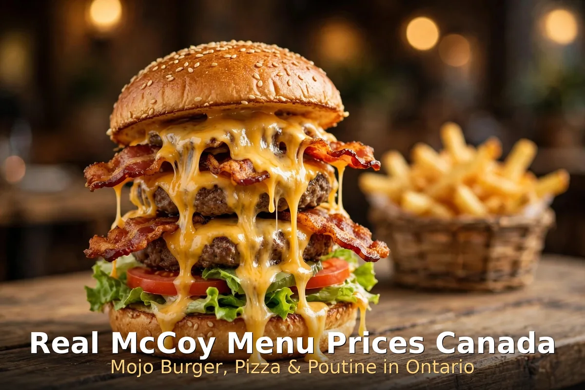 Real McCoy menu prices Canada 2026: stacked bacon cheeseburger with golden fries, Scarborough institution since 1969