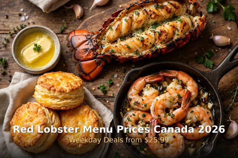 Red Lobster menu prices Canada 2026: seafood spread with lobster, shrimp and Cheddar Bay Biscuits on a restaurant table