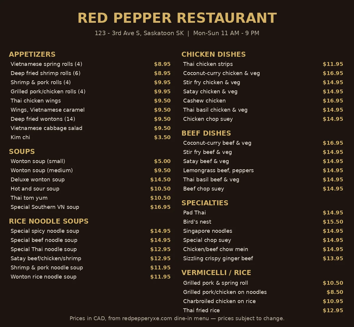 Red Pepper menu card showing the verified price guide: spring rolls from $8.95, Pad Thai $14.95, wonton soup from $5.00, Red Pepper menu prices Canada