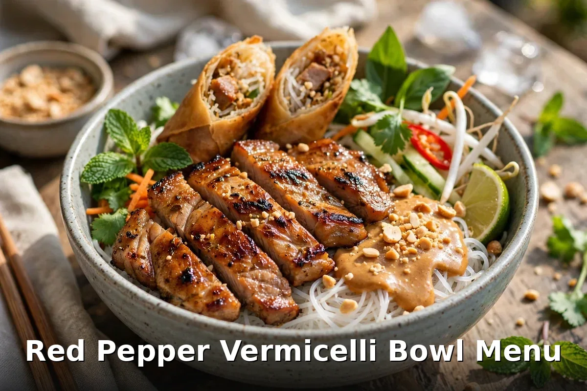 AI-generated Vietnamese vermicelli noodle bowl with grilled pork and spring roll and PIL keyword overlay, Red Pepper menu prices Canada