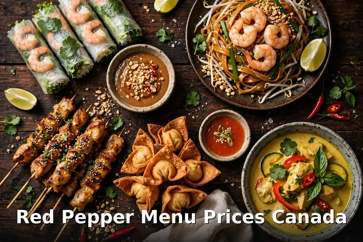 Red Pepper menu prices Canada 2026 featured: AI-generated Vietnamese-Chinese-Thai food spread with PIL keyword overlay "Red Pepper Menu Prices Canada"