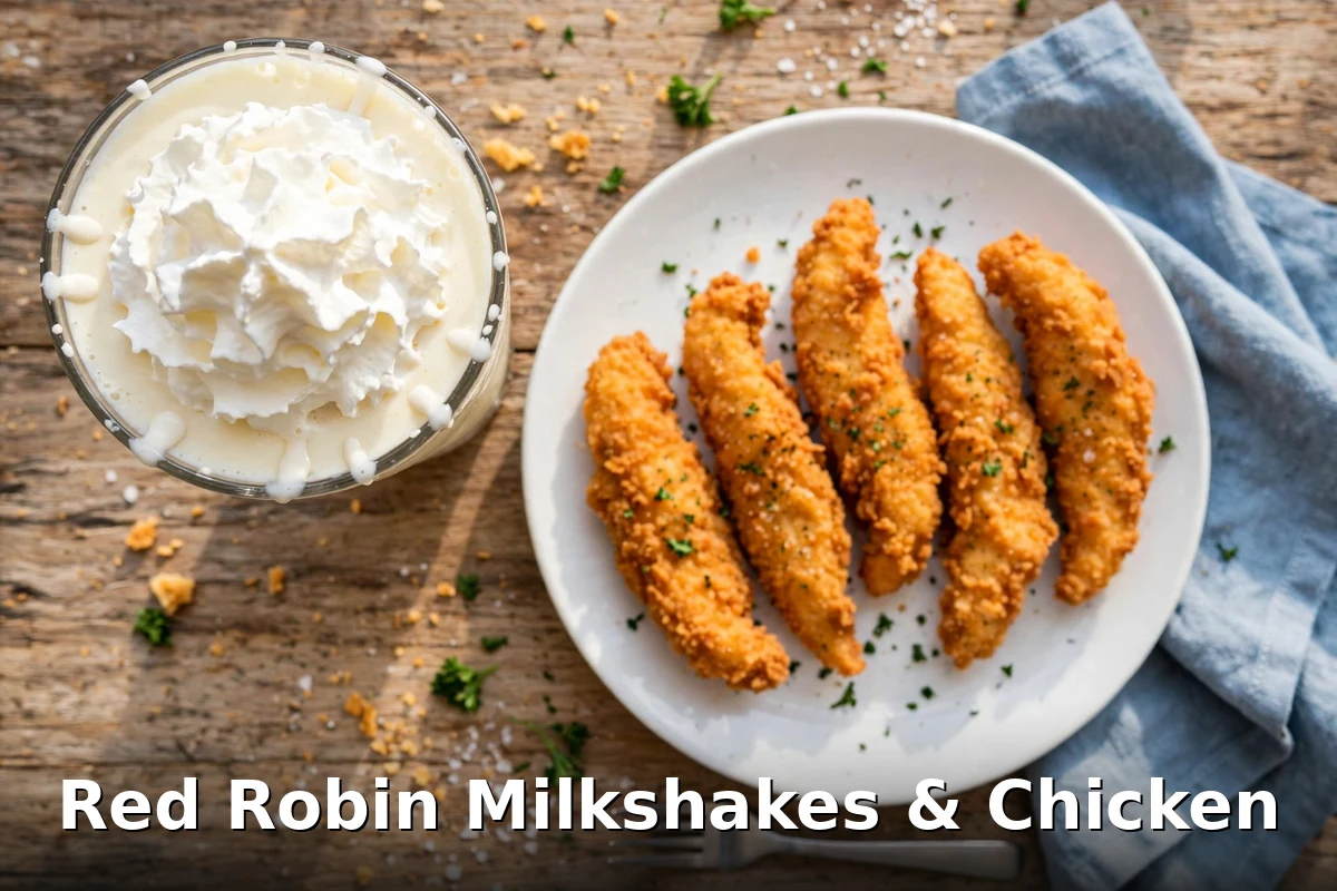 Red Robin milkshake with whipped cream and crispy chicken strips, red robin canada menu prices