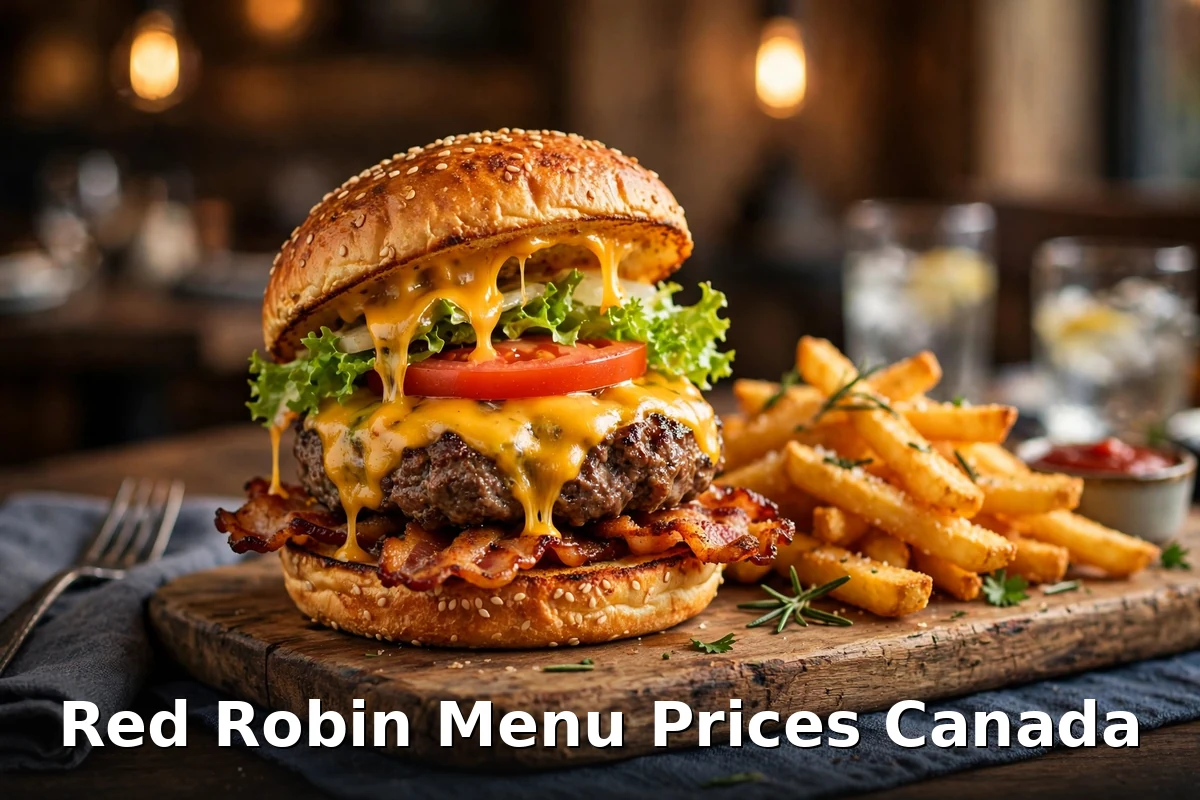 Red Robin Canada menu prices 2026 featured image showing a gourmet bacon cheeseburger with bottomless steak fries, red robin canada menu prices