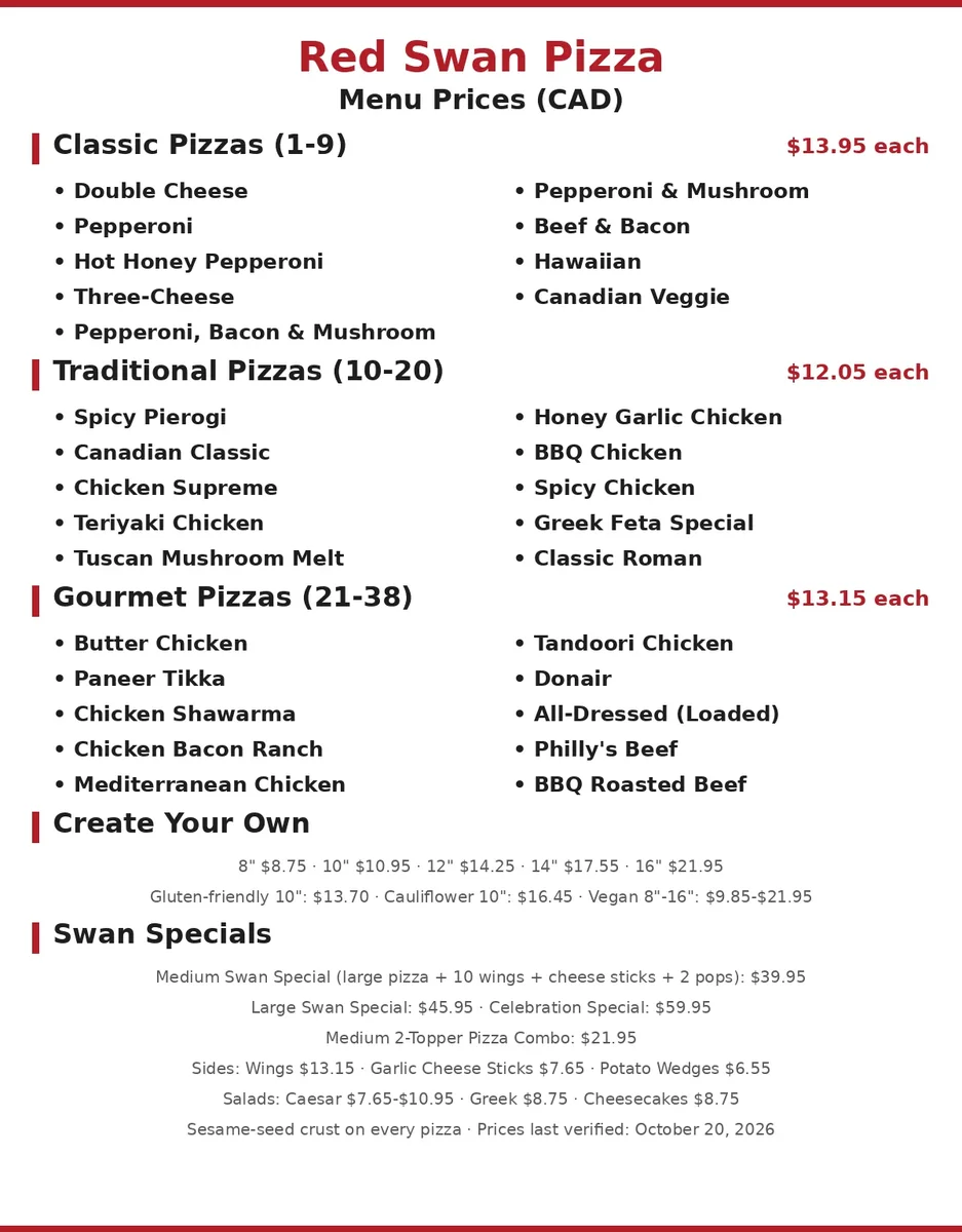 Red Swan Pizza menu prices Canada: current menu card showing the three pizza lines and CAD prices