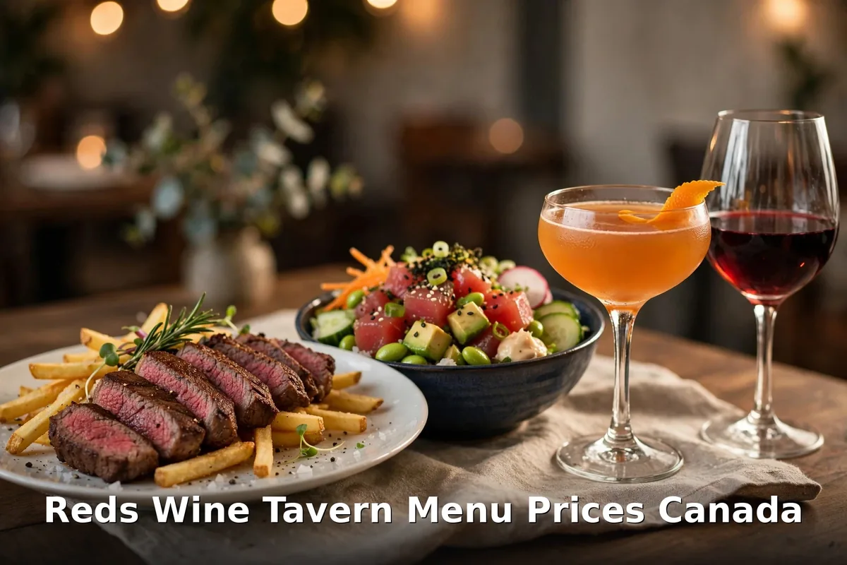 reds wine tavern menu prices canada 2026: Reds Wine Tavern table with steak frites, tuna poke bowl, cocktails and wine
