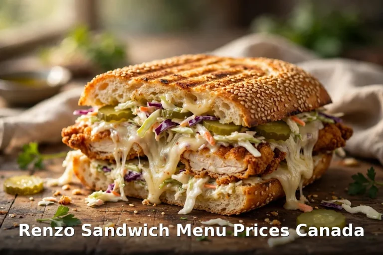 Renzo Sandwich menu prices Canada 2026: fried chicken sandwich with slaw and pickles