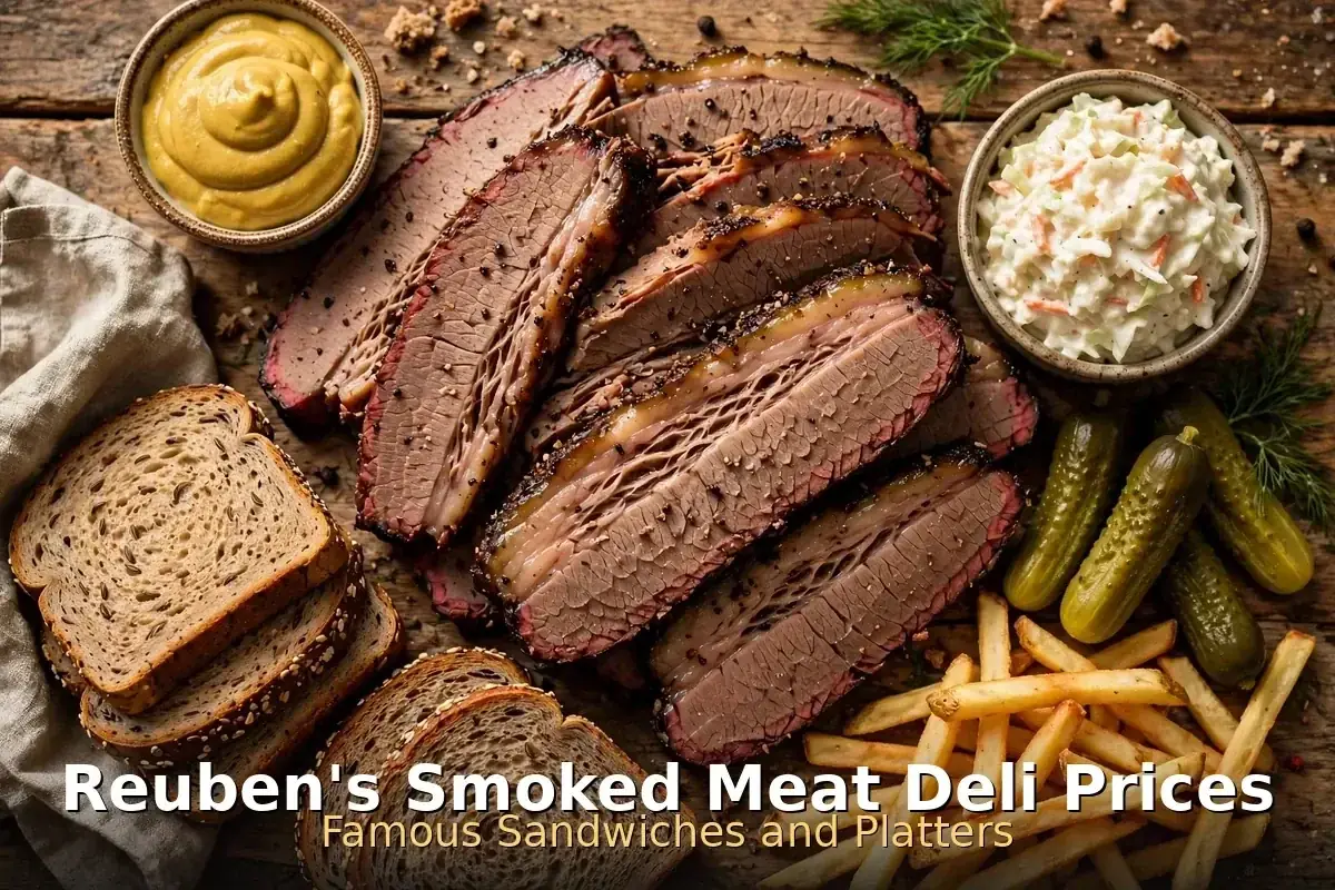 Reuben's smoked meat deli prices: hand-carved brisket with rye bread, mustard and pickles