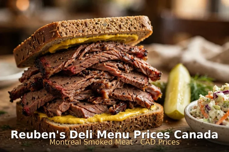 Reuben's Deli menu prices Canada 2026: Montreal smoked meat on rye with mustard and coleslaw