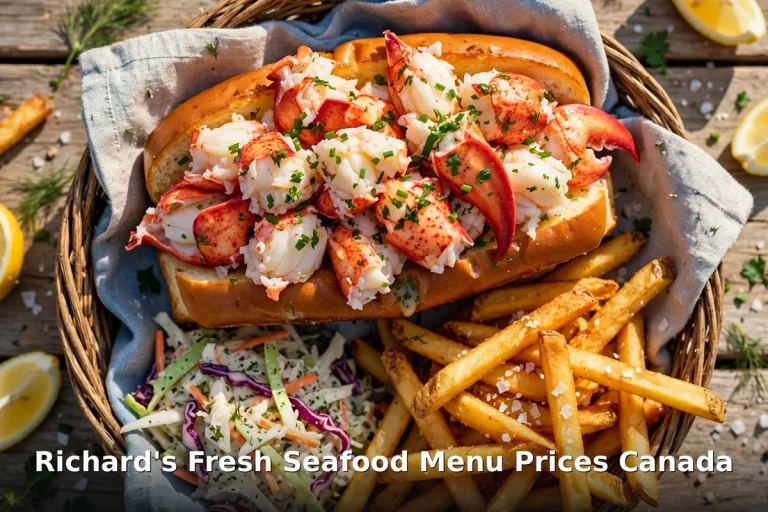 Richard's Fresh Seafood menu prices Canada 2026: lobster roll and fresh seafood spread at the Covehead PEI wharf shack, richard's fresh seafood menu prices canada