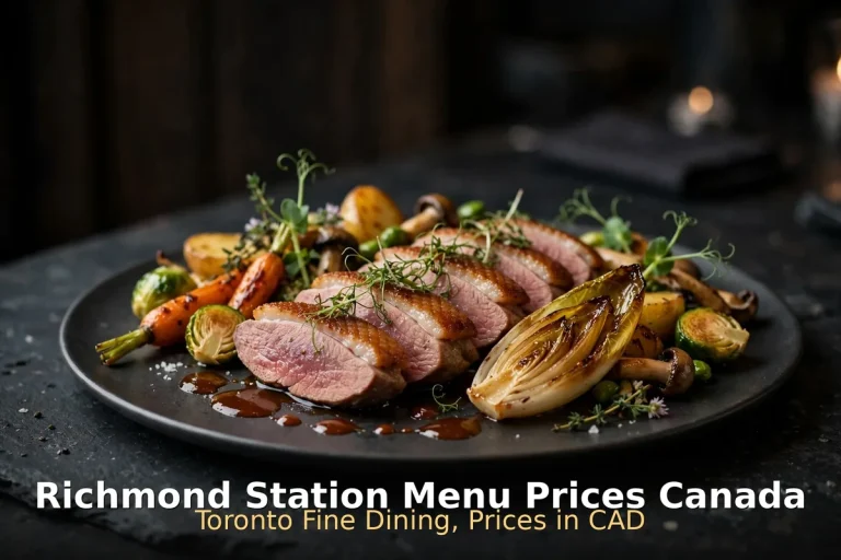 Richmond Station menu prices Canada 2026 featured: AI-generated dry-aged duck breast fine-dining plate with PIL keyword overlay