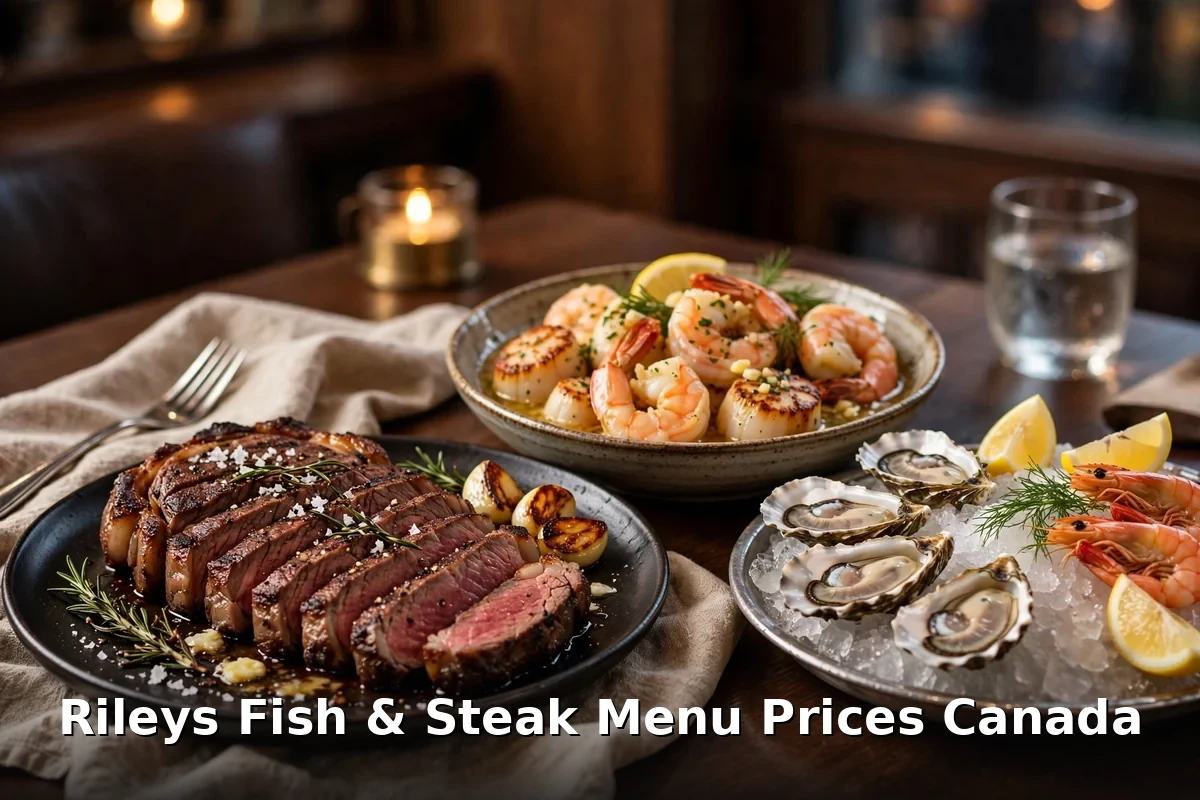 Riley's Fish and Steak steak and seafood spread with sliced prime steak, oysters and prawns, rileys fish steak prices canada 2026