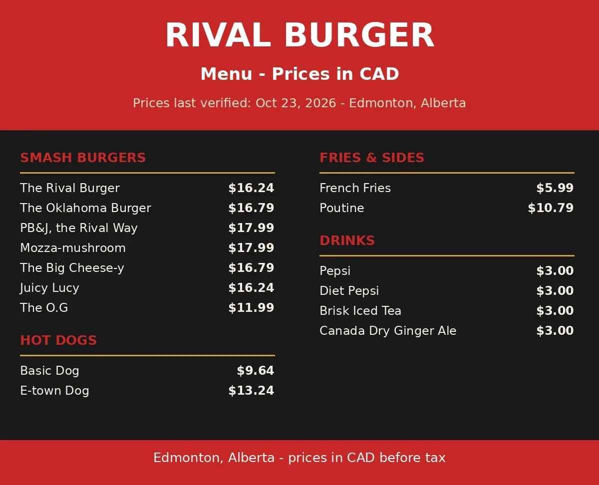 Rival Burger menu prices, current Rival Burger smash-burger menu card with burger, poutine and drink prices in CAD