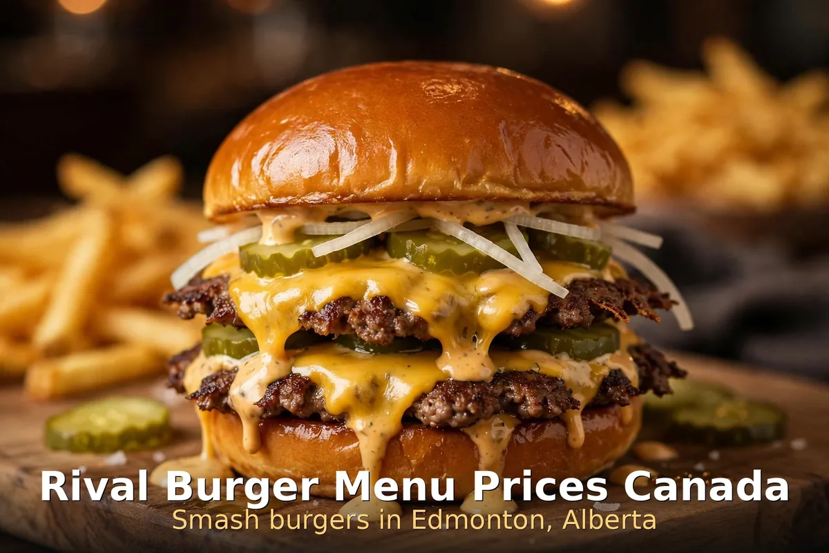 Rival Burger menu prices, AI smash-burger photo with Rival Burger Menu Prices Canada text at Rival Burger Canada 2026