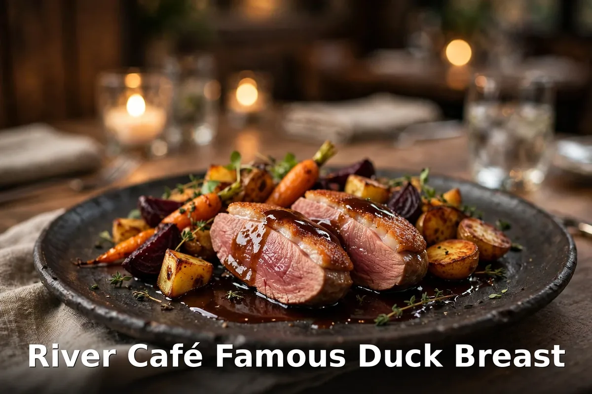 Wood-fired duck breast dinner plate at a Calgary fine dining restaurant, River Café menu prices Canada