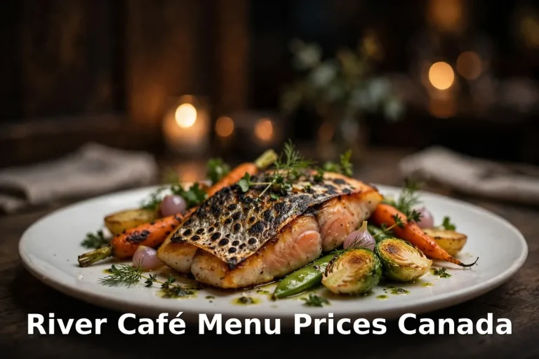 River Café menu prices Canada 2026 featured: AI-generated arctic char dinner plate with PIL keyword overlay