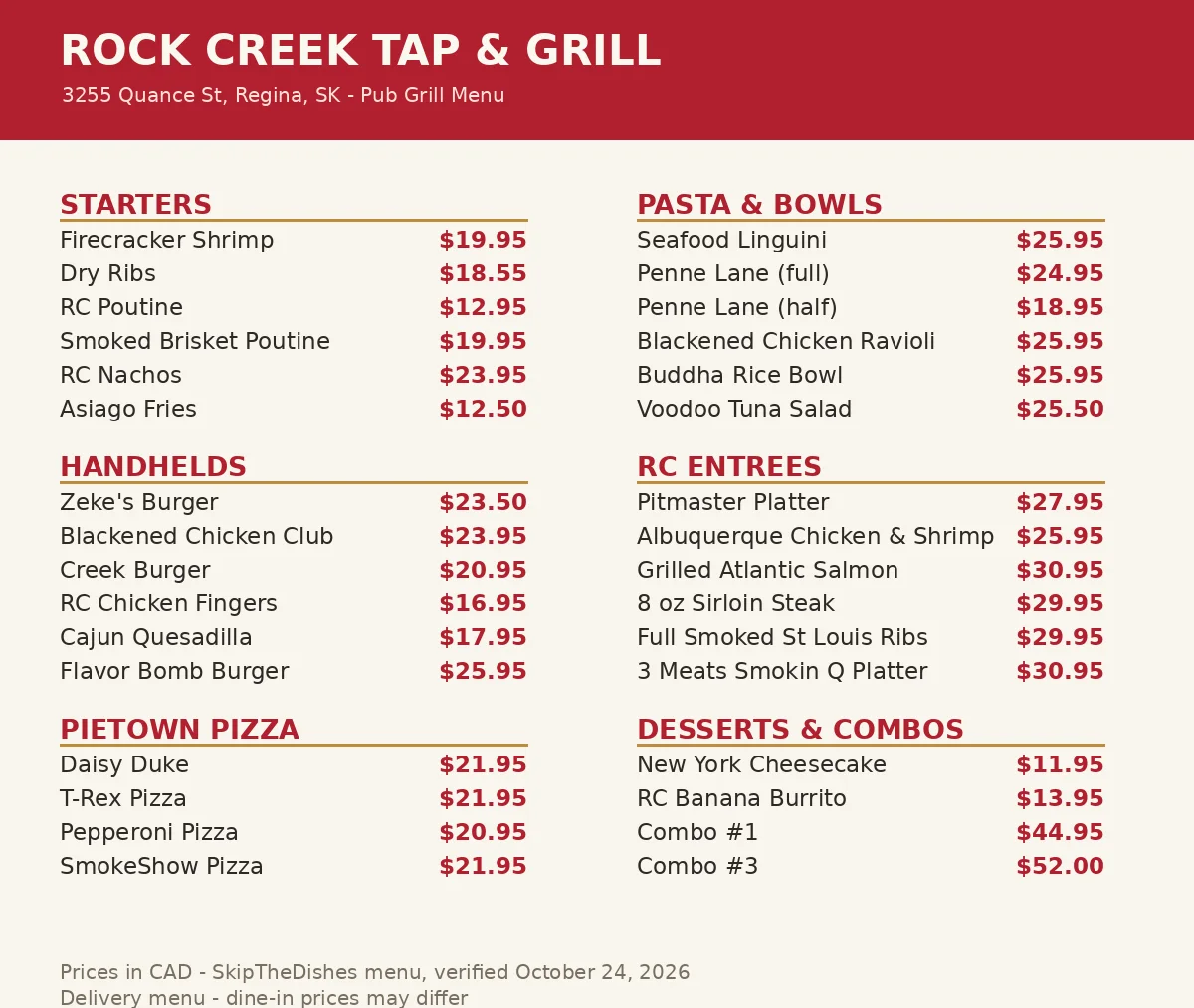 Rock Creek Tap and Grill menu card showing starters, handhelds, Pietown pizza, pasta, entrees, desserts and combos prices in CAD, Rock Creek Tap and Grill menu prices Canada