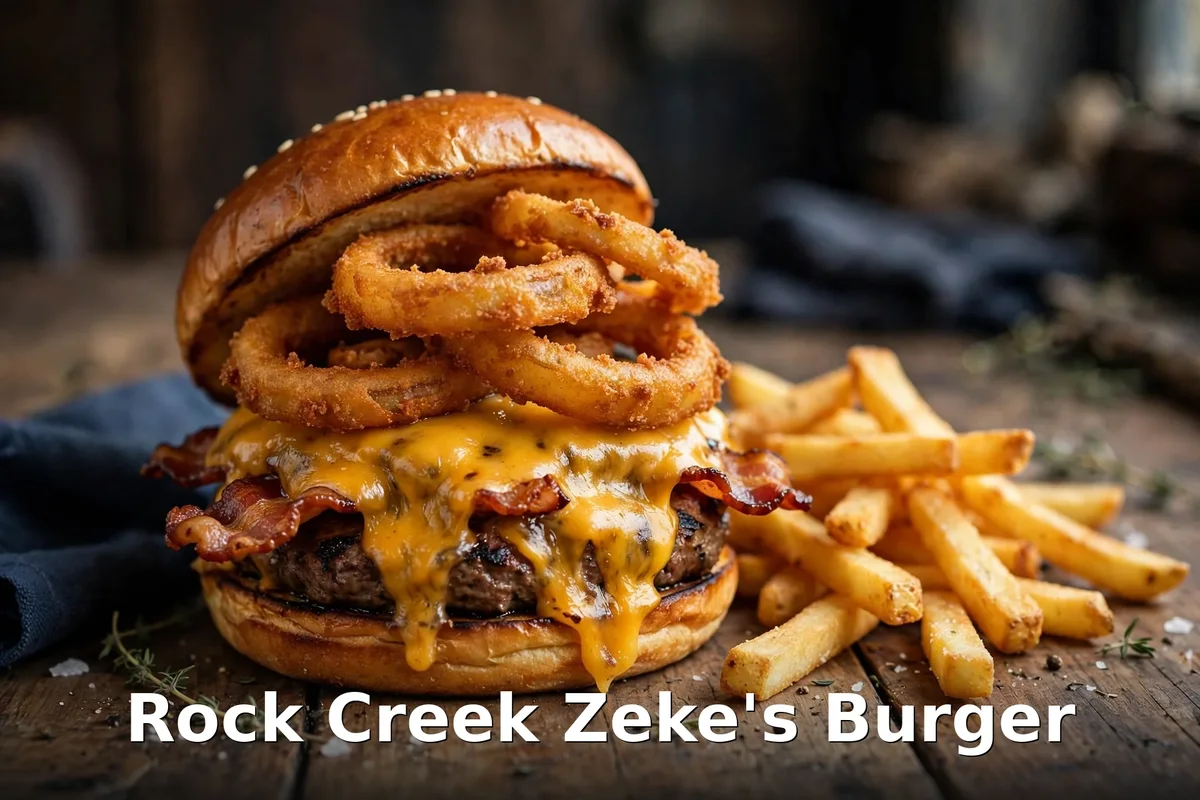 Rock Creek Zeke's Burger with onion rings, bacon and melted cheddar, Rock Creek Zeke's Burger menu prices Canada
