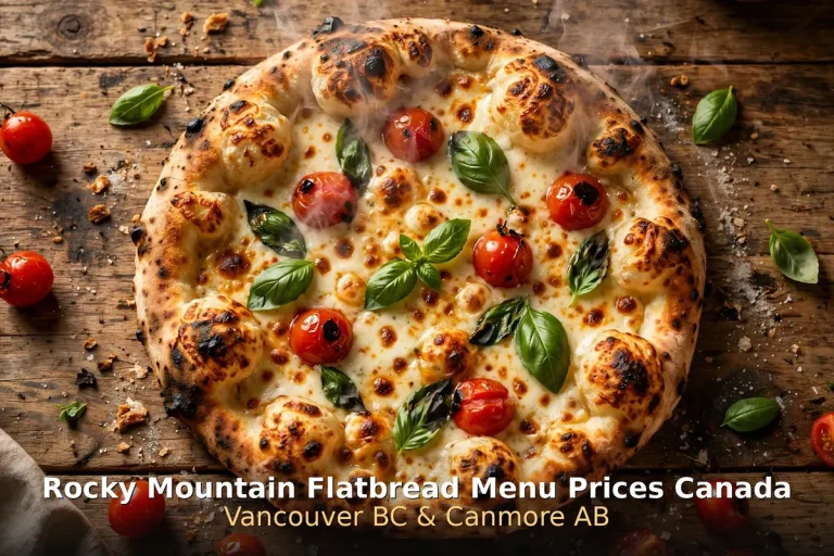 Rocky Mountain Flatbread menu prices Canada 2026 featured: AI-generated wood-fired margherita pizza photo