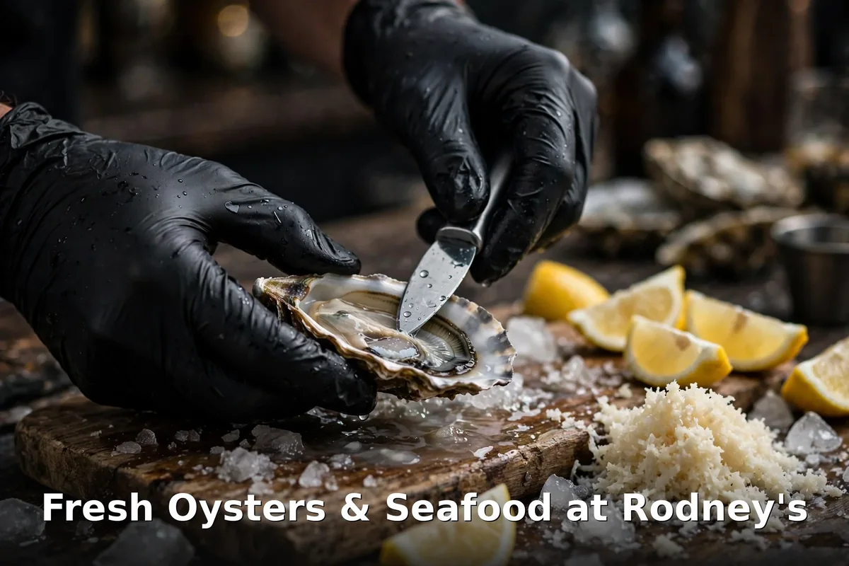 Fresh oysters and seafood at Rodney's Oyster House Toronto: shucking oysters on ice with lemon for the $2.50 happy hour