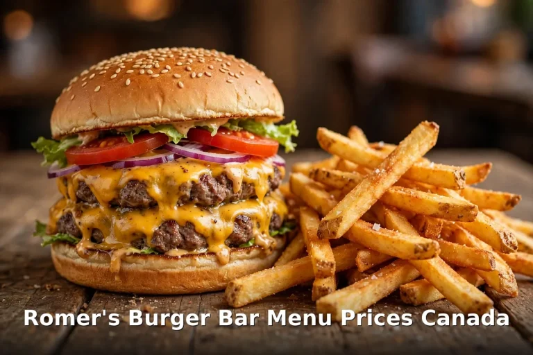 Romer's Burger Bar menu prices Canada 2026 featured: AI-generated double cheeseburger and fries photo