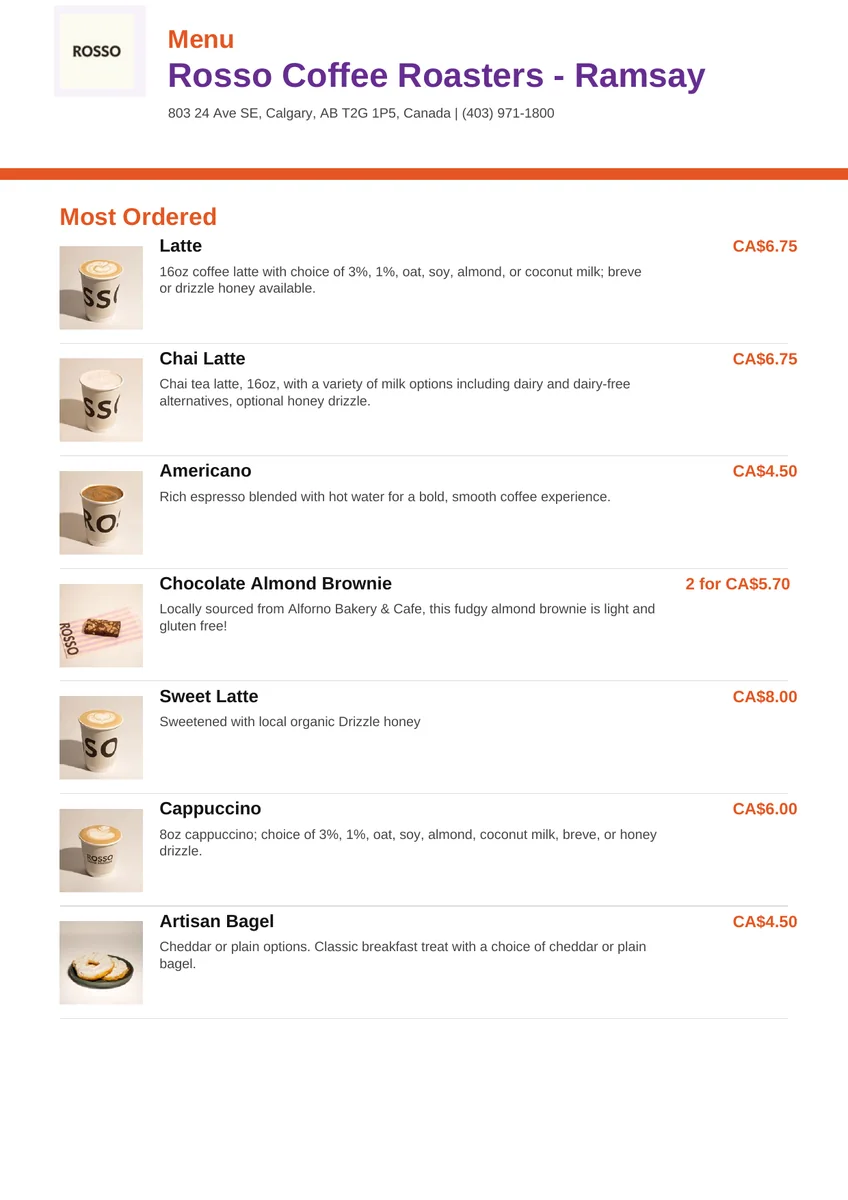 Rosso Coffee Roasters Ramsay menu card with drink prices