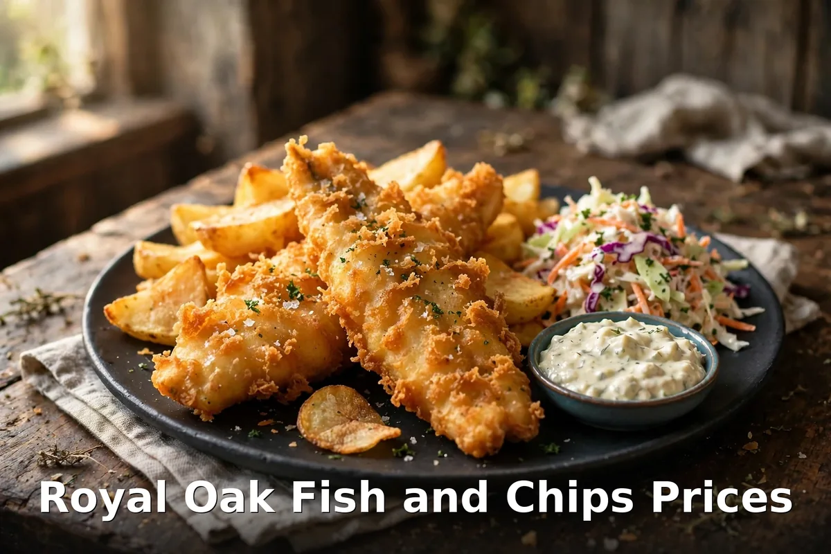 Crispy battered fish and chips with tartar sauce and coleslaw, royal oak menu prices canada