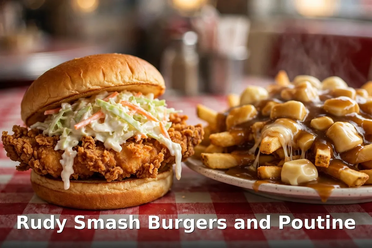 Rudy Valentino fried chicken sandwich with slaw and poutine with cheese curds