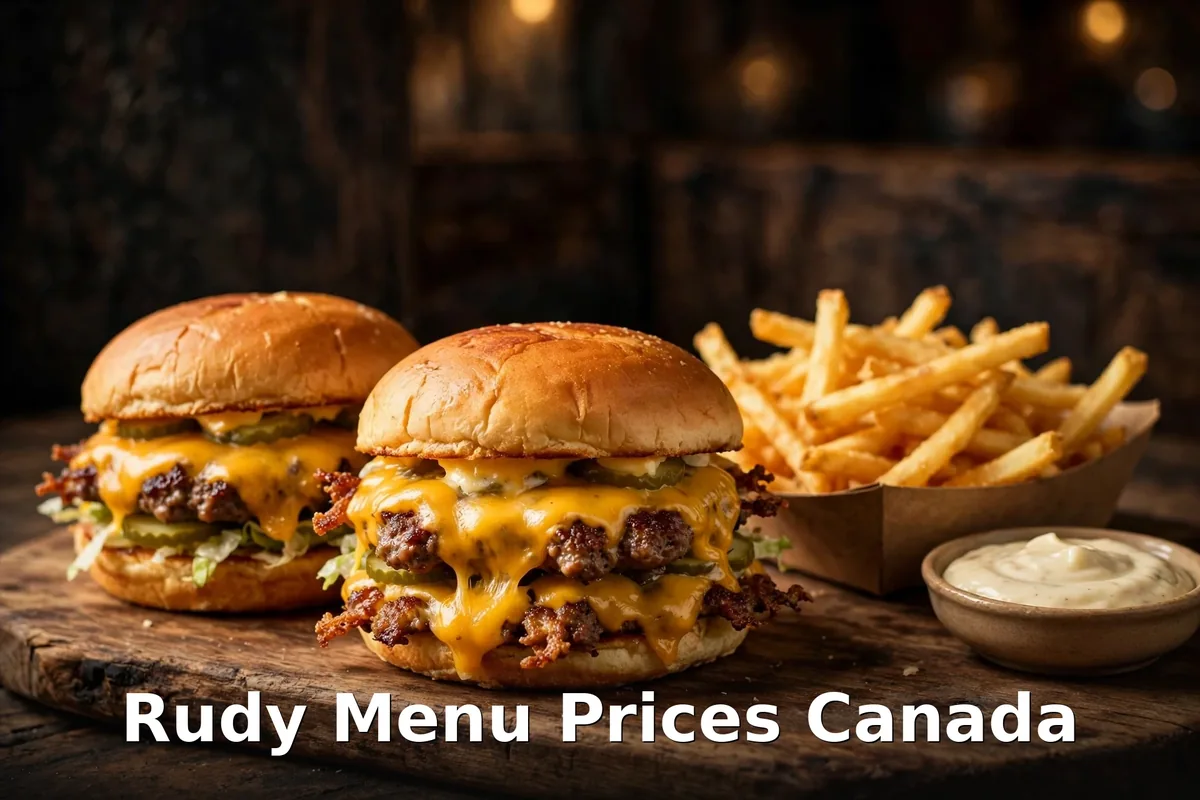 Rudy menu prices Canada 2026: smashed cheeseburgers with melted cheese and fries