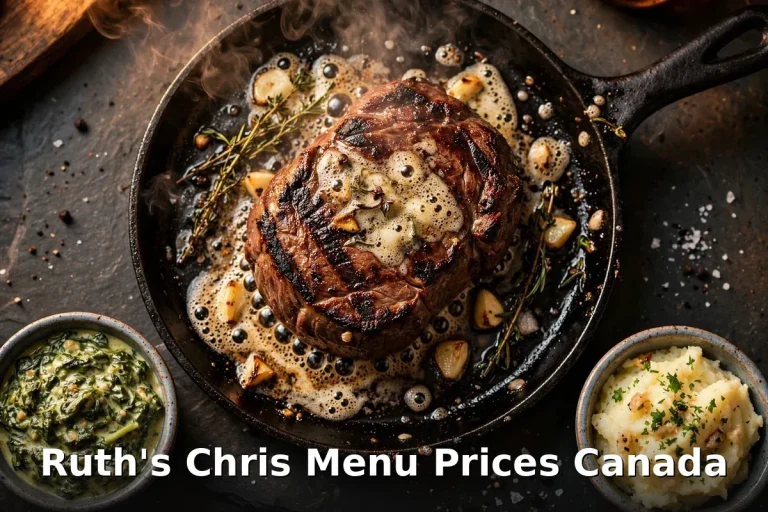 Ruth's Chris filet mignon sizzling on a cast iron plate with sides, ruth's chris menu prices canada