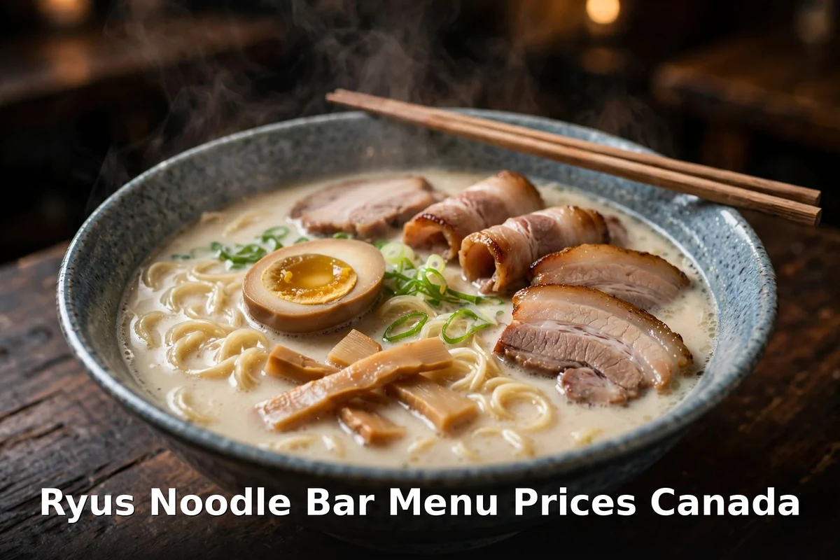 Steaming chicken paitan ramen bowl with chopsticks and whole wheat noodles, ryus noodle bar menu prices canada 2026