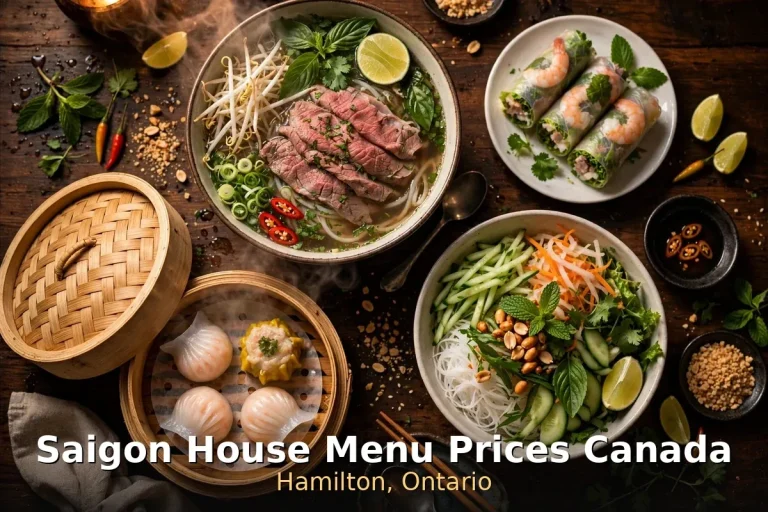 Vietnamese pho spread with grilled meats, saigon house menu prices canada 2026