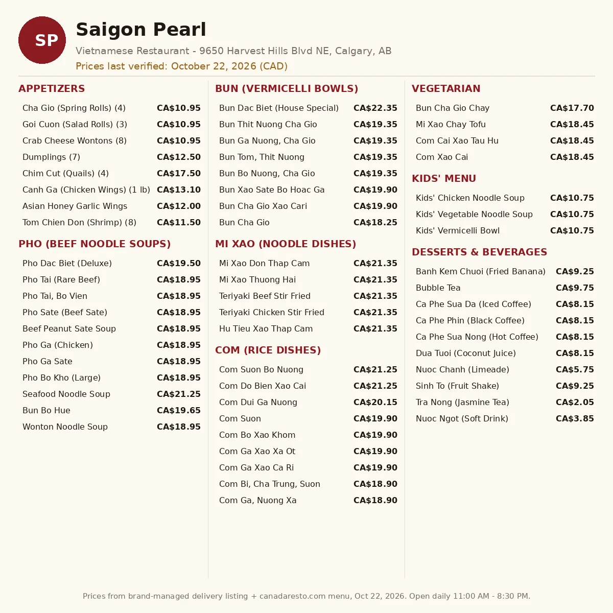 Saigon Pearl menu card with current prices in CAD