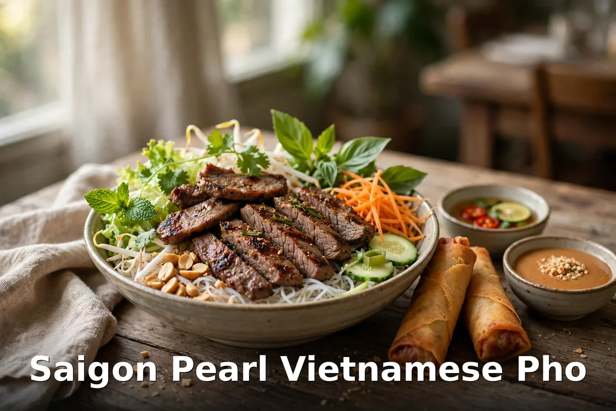 Saigon Pearl vermicelli bowl - grilled beef with spring rolls