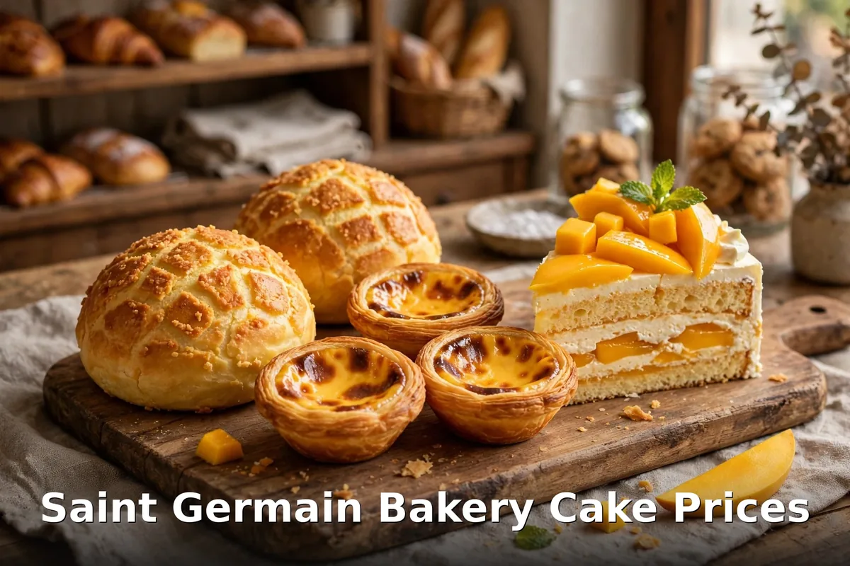 Hong Kong style bakery pastries with pineapple buns and egg tarts and mango cake with crisp text overlay, saint germain bakery cake prices canada