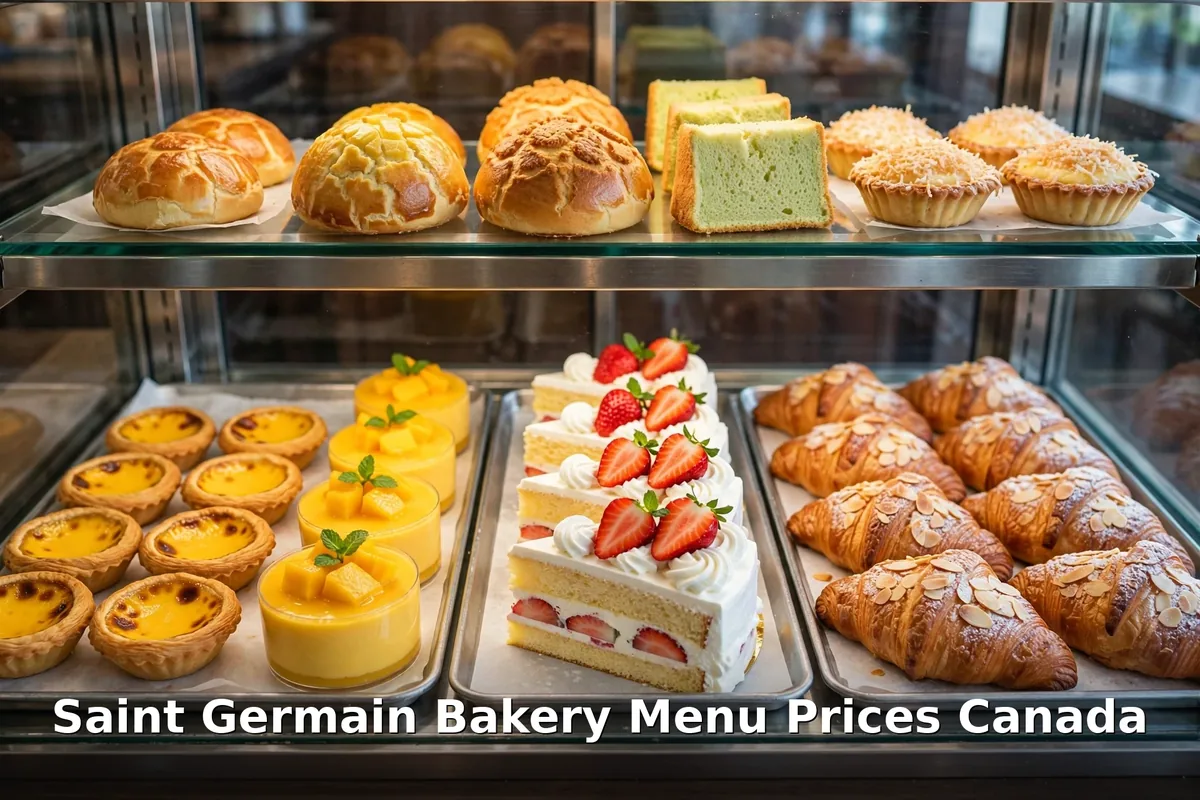 AI Asian bakery pastry display case with pineapple buns and cake slices with crisp text overlay, saint germain bakery menu prices canada 2026