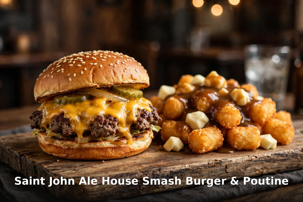 Saint John Ale House smash burger and tater tot poutine, Saint John Ale House smash burger menu prices Canada