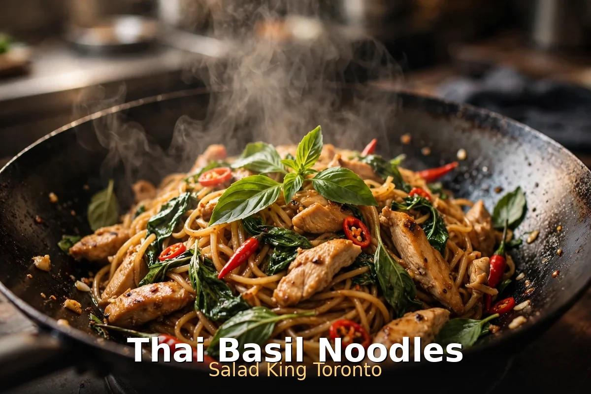 salad king menu prices, steaming wok of Salad King Thai basil noodles with chicken, red chili and fresh Thai basil